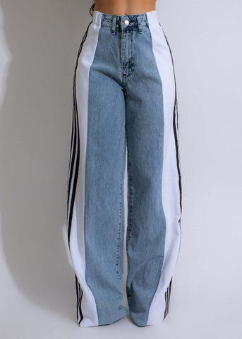 2025 High Waist Wide-Leg Denim Pants – Patchwork Streetwear Trousers with Three Stripes