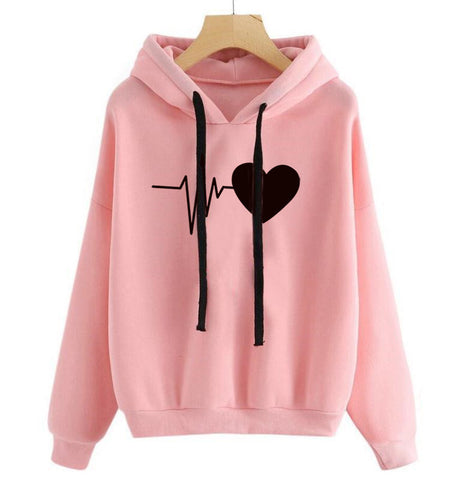 Women’s Heart Print Hoodie – Streetwear Long Sleeve Sweatshirt for Spring & Autumn