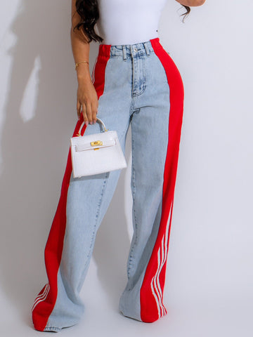 2025 High Waist Wide-Leg Denim Pants – Patchwork Streetwear Trousers with Three Stripes