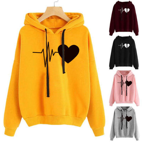 Women’s Heart Print Hoodie – Streetwear Long Sleeve Sweatshirt for Spring & Autumn