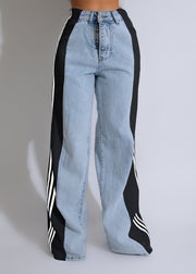 2025 High Waist Wide-Leg Denim Pants – Patchwork Streetwear Trousers with Three Stripes