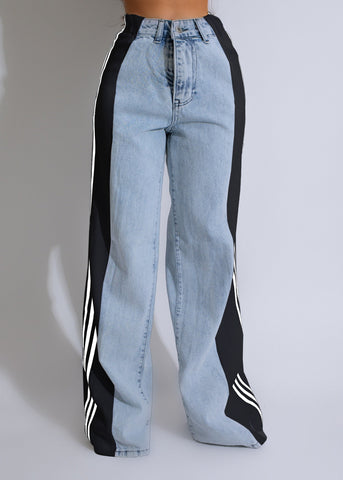 2025 High Waist Wide-Leg Denim Pants – Patchwork Streetwear Trousers with Three Stripes
