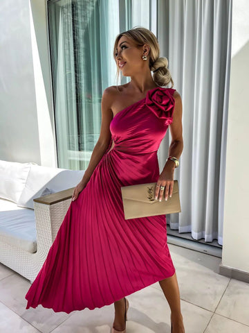 Women’s One-Shoulder Pleated Dress – Rose Flower Asymmetrical Evening Party Outfit