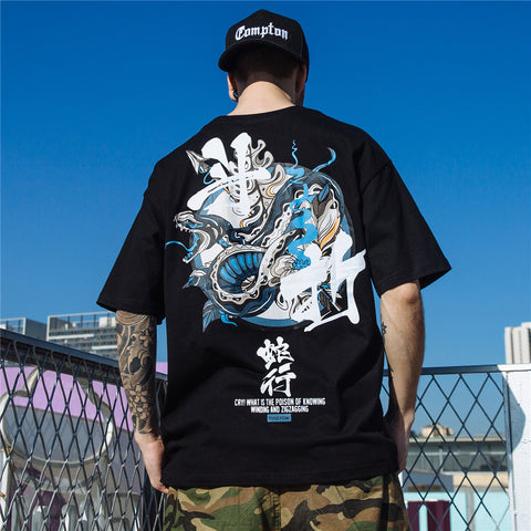 Men’s Chinese Letter Streetwear – Hoodie & Loose Fit Printed Short Sleeve T-shirt