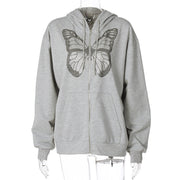 Oversized Butterfly Rhinestone Zip Hoodie – Women’s 90s E-Girl Streetwear Jacket