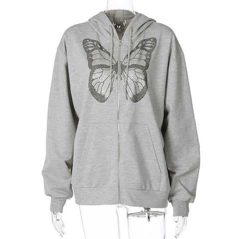 Oversized Butterfly Rhinestone Zip Hoodie – Women’s 90s E-Girl Streetwear Jacket