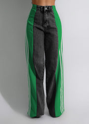 2025 High Waist Wide-Leg Denim Pants – Patchwork Streetwear Trousers with Three Stripes