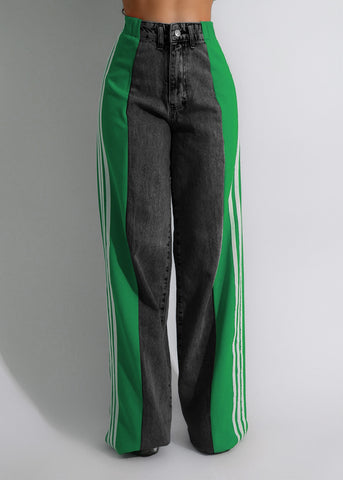 2025 High Waist Wide-Leg Denim Pants – Patchwork Streetwear Trousers with Three Stripes