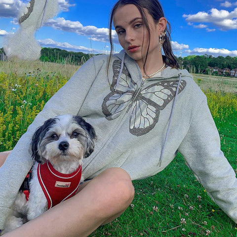 Oversized Butterfly Rhinestone Zip Hoodie – Women’s 90s E-Girl Streetwear Jacket
