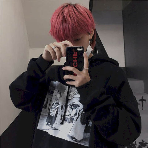 Men’s Gothic Lightning Print Hoodie – Streetwear Oversized Fleece Sweatshirt