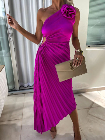 Women’s One-Shoulder Pleated Dress – Rose Flower Asymmetrical Evening Party Outfit
