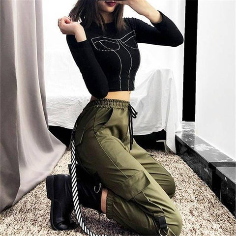 Women’s Black Cargo Pants – Streetwear Jogger Trousers with Pockets
