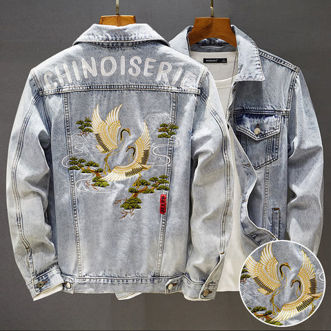 Men’s Embroidered Denim Jacket – Streetwear Tooling Coat for Students