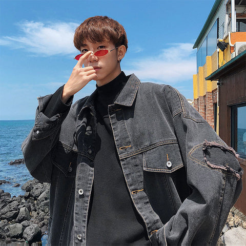 Men’s Embroidered Denim Jacket – Streetwear Tooling Coat for Students