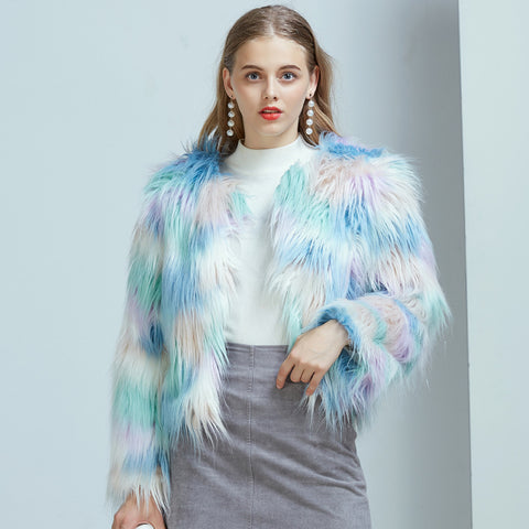 Women’s Gradient Faux Fur Coat – Warm Winter Streetwear Cardigan Jacket