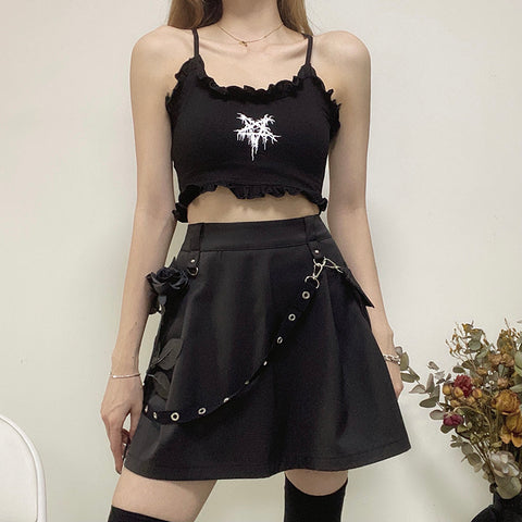 Women’s Black Pleated Cargo Skirt – High Waist Gothic Punk Streetwear with Straps & Pockets
