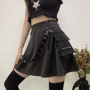 Women’s Black Pleated Cargo Skirt – High Waist Gothic Punk Streetwear with Straps & Pockets