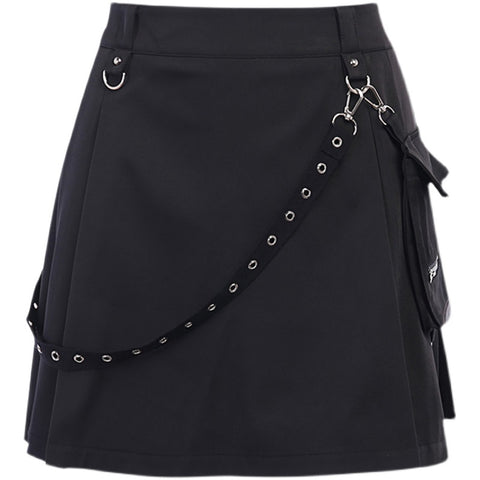 Women’s Black Pleated Cargo Skirt – High Waist Gothic Punk Streetwear with Straps & Pockets