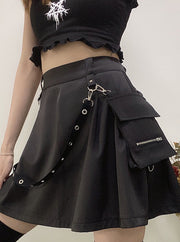 Women’s Black Pleated Cargo Skirt – High Waist Gothic Punk Streetwear with Straps & Pockets