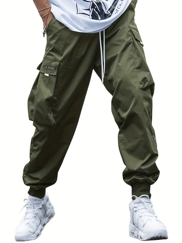 Men’s Multi-Pocket Cargo Pants – Hip-Hop Streetwear Drawstring Trousers