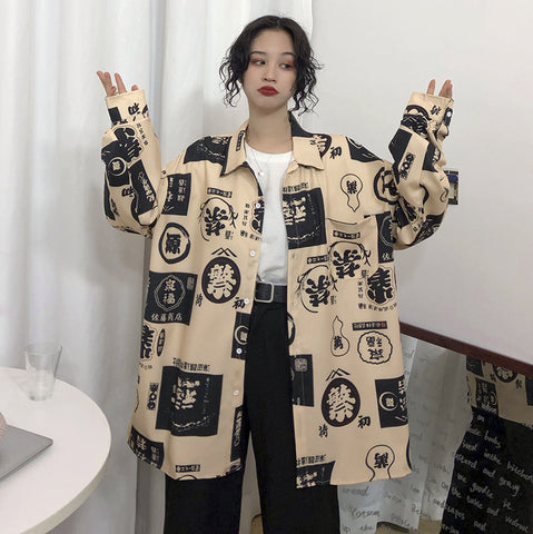 Oversized Streetwear Print Shirt – Vintage Jacket Style Top