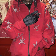 Rhinestone Star Zip Hoodie – Red & Black Streetwear Pullover