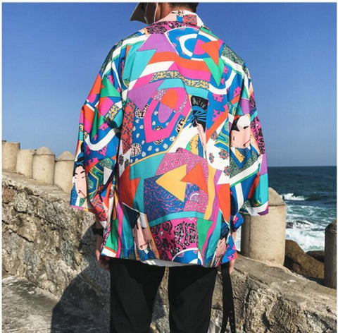 Men’s Japanese Kimono Jacket – Printed Streetwear Cardigan Coat