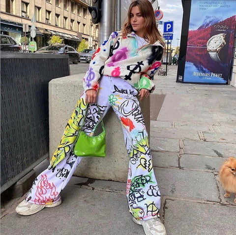 Women’s Spray Paint Wide-Leg Pants – Gothic High-Waist Streetwear Trousers
