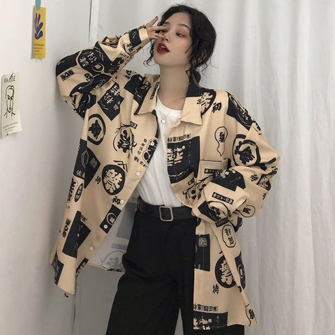 Oversized Streetwear Print Shirt – Vintage Jacket Style Top