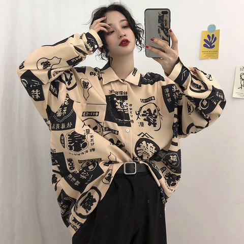 Oversized Streetwear Print Shirt – Vintage Jacket Style Top