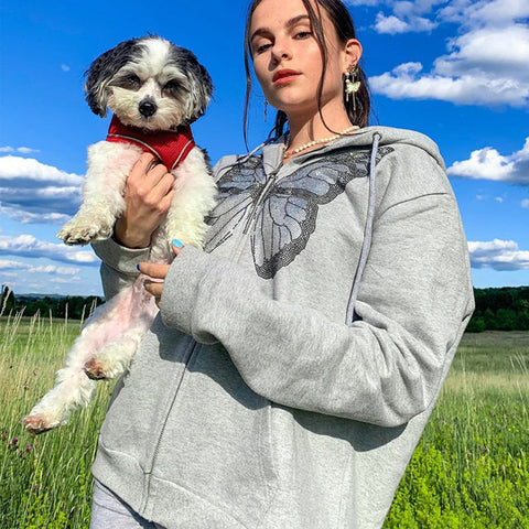 Oversized Butterfly Rhinestone Zip Hoodie – Women’s 90s E-Girl Streetwear Jacket