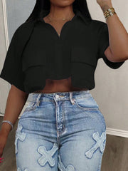 Women’s White Cropped Polo Top – Casual Streetwear with Pocket