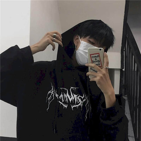 Men’s Gothic Lightning Print Hoodie – Streetwear Oversized Fleece Sweatshirt