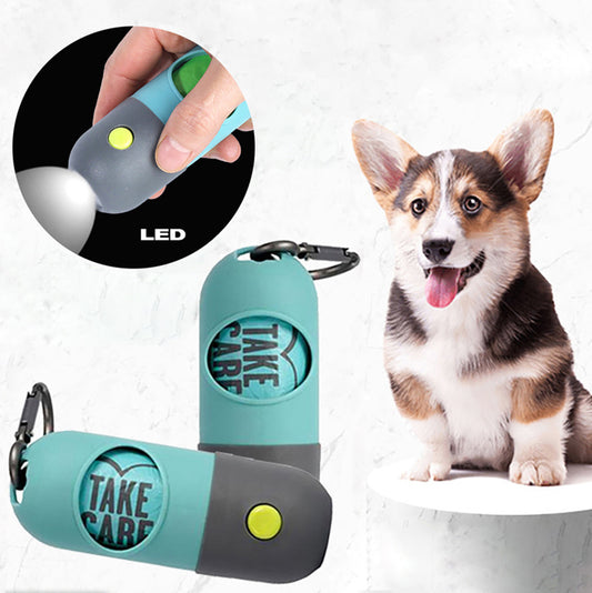 Convenient LED dog waste bag holder — with hook and refill bags. Perfect for late-night walks! - Globentra