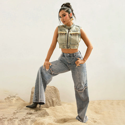 Women’s Y2K Baggy Wide-Leg Jeans – Vintage Washed Streetwear Denim Pants