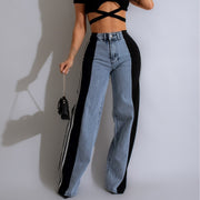 2025 High Waist Wide-Leg Denim Pants – Patchwork Streetwear Trousers with Three Stripes