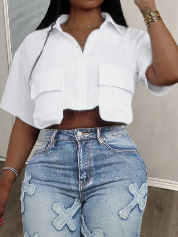 Women’s White Cropped Polo Top – Casual Streetwear with Pocket