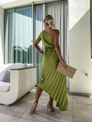 Women’s One-Shoulder Pleated Dress – Rose Flower Asymmetrical Evening Party Outfit