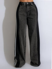 2025 High Waist Wide-Leg Denim Pants – Patchwork Streetwear Trousers with Three Stripes