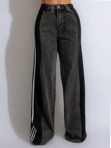 2025 High Waist Wide-Leg Denim Pants – Patchwork Streetwear Trousers with Three Stripes