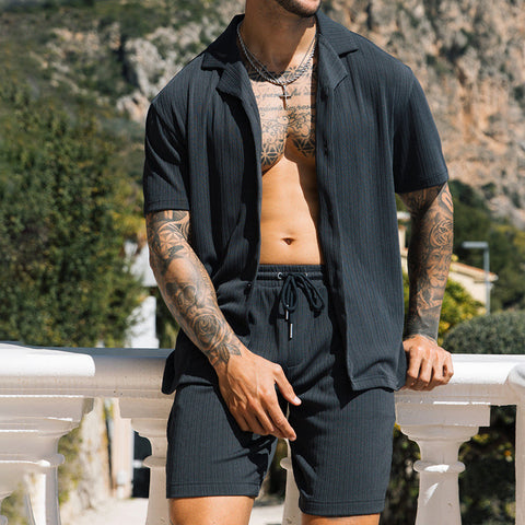 Men’s Two-Piece Summer Set – Short Sleeve Lapel Shirt & Shorts Streetwear Suit