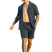 Men’s Two-Piece Summer Set – Short Sleeve Lapel Shirt & Shorts Streetwear Suit