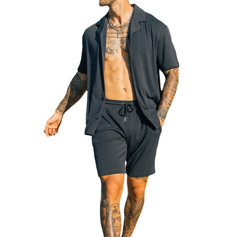Men’s Two-Piece Summer Set – Short Sleeve Lapel Shirt & Shorts Streetwear Suit