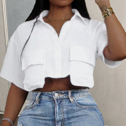 Women’s White Cropped Polo Top – Casual Streetwear with Pocket
