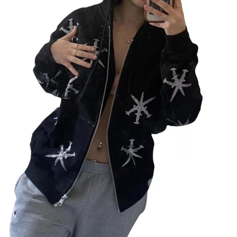 Rhinestone Star Zip Hoodie – Red & Black Streetwear Pullover