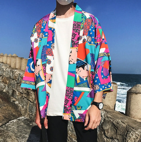 Men’s Japanese Kimono Jacket – Printed Streetwear Cardigan Coat
