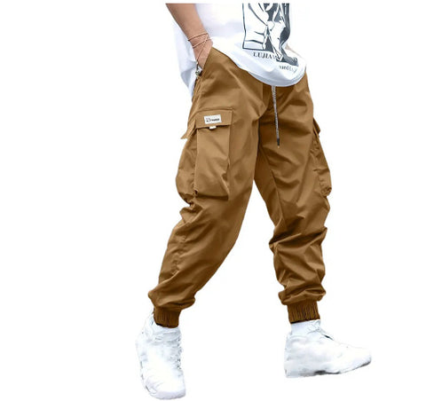 Men’s Multi-Pocket Cargo Pants – Hip-Hop Streetwear Drawstring Trousers