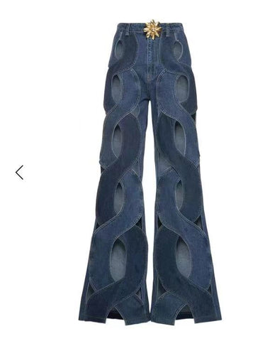 Women’s Cutout Flare Denim Pants – Hollow Criss-Cross Streetwear Jeans