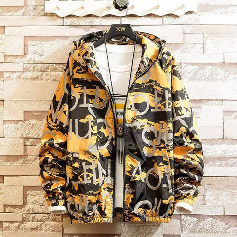 Men’s Casual Hooded Streetwear Coat – Printed Lightweight Jacket