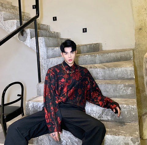 Men’s Floral Streetwear Shirt – Hip Hop Party Casual Button-Up Top